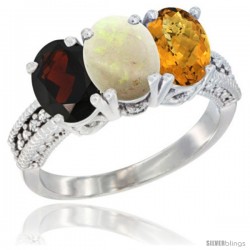 14K White Gold Natural Garnet, Opal & Whisky Quartz Ring 3-Stone 7x5 mm Oval Diamond Accent