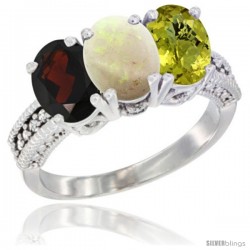 14K White Gold Natural Garnet, Opal & Lemon Quartz Ring 3-Stone 7x5 mm Oval Diamond Accent