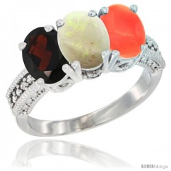 14K White Gold Natural Garnet, Opal & Coral Ring 3-Stone 7x5 mm Oval Diamond Accent