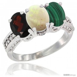 14K White Gold Natural Garnet, Opal & Malachite Ring 3-Stone 7x5 mm Oval Diamond Accent