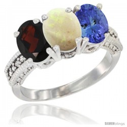 14K White Gold Natural Garnet, Opal & Tanzanite Ring 3-Stone 7x5 mm Oval Diamond Accent