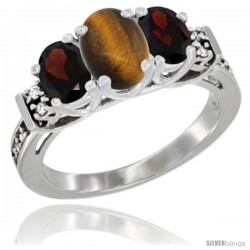 14K White Gold Natural Tiger Eye & Garnet Ring 3-Stone Oval with Diamond Accent