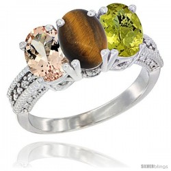 10K White Gold Natural Morganite, Tiger Eye & Lemon Quartz Ring 3-Stone Oval 7x5 mm Diamond Accent