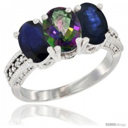 10K White Gold Natural Mystic Topaz & Blue Sapphire Ring 3-Stone Oval 7x5 mm Diamond Accent