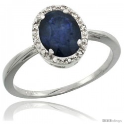 10k White Gold Blue Sapphire Diamond Halo Ring 1.17 Carat 8X6 mm Oval Shape, 1/2 in wide