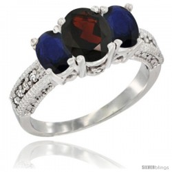 10K White Gold Ladies Oval Natural Garnet 3-Stone Ring with Blue Sapphire Sides Diamond Accent