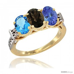 10K Yellow Gold Natural Swiss Blue Topaz, Smoky Topaz & Tanzanite Ring 3-Stone Oval 7x5 mm Diamond Accent