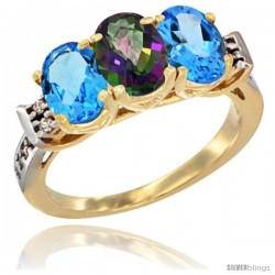 10K Yellow Gold Natural Mystic Topaz & Swiss Blue Topaz Sides Ring 3-Stone Oval 7x5 mm Diamond Accent