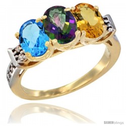 10K Yellow Gold Natural Swiss Blue Topaz, Mystic Topaz & Citrine Ring 3-Stone Oval 7x5 mm Diamond Accent