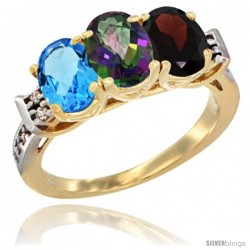 10K Yellow Gold Natural Swiss Blue Topaz, Mystic Topaz & Garnet Ring 3-Stone Oval 7x5 mm Diamond Accent