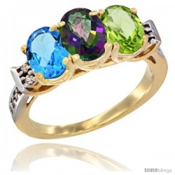 10K Yellow Gold Natural Swiss Blue Topaz, Mystic Topaz & Peridot Ring 3-Stone Oval 7x5 mm Diamond Accent