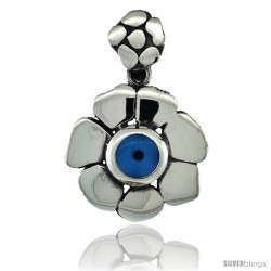 Sterling Silver Flower Shape Blue Color Evil Eye Pendant, 3/4 in wide