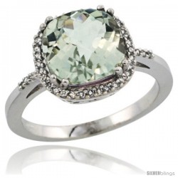 Sterling Silver Diamond Natural Green Amethyst Ring Ring 3.05 ct Cushion Cut 9x9 mm, 1/2 in wide