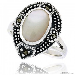 Sterling Silver Pear-shaped Ring, w/ 11 x 8 mm Oval-shaped Mother of Pearl, 3/4 in (18 mm) wide