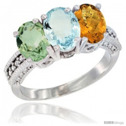 14K White Gold Natural Green Amethyst, Aquamarine & Whisky Quartz Ring 3-Stone 7x5 mm Oval Diamond Accent