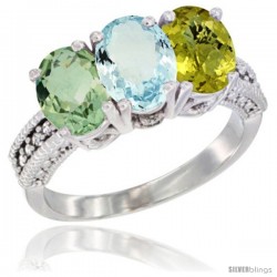 14K White Gold Natural Green Amethyst, Aquamarine & Lemon Quartz Ring 3-Stone 7x5 mm Oval Diamond Accent