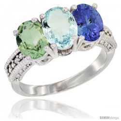 14K White Gold Natural Green Amethyst, Aquamarine & Tanzanite Ring 3-Stone 7x5 mm Oval Diamond Accent