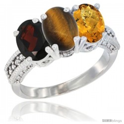 14K White Gold Natural Garnet, Tiger Eye & Whisky Quartz Ring 3-Stone 7x5 mm Oval Diamond Accent