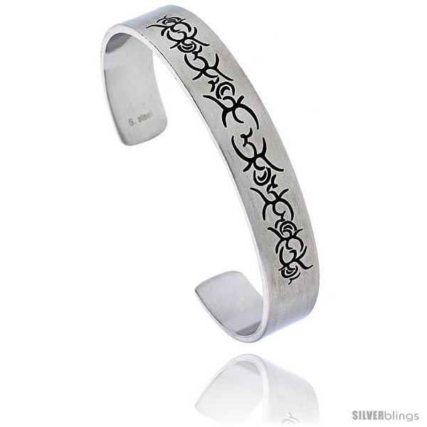 Stainless Steel Cuff Bangle Bracelet with Tribal Design, in long