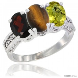 14K White Gold Natural Garnet, Tiger Eye & Lemon Quartz Ring 3-Stone 7x5 mm Oval Diamond Accent