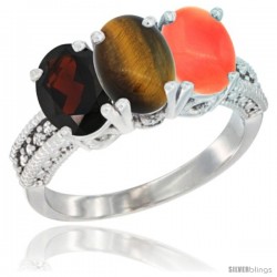 14K White Gold Natural Garnet, Tiger Eye & Coral Ring 3-Stone 7x5 mm Oval Diamond Accent