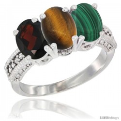 14K White Gold Natural Garnet, Tiger Eye & Malachite Ring 3-Stone 7x5 mm Oval Diamond Accent