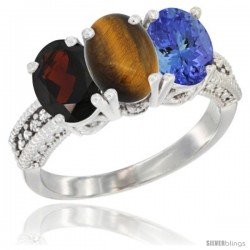 14K White Gold Natural Garnet, Tiger Eye & Tanzanite Ring 3-Stone 7x5 mm Oval Diamond Accent