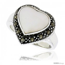 Sterling Silver Oxidized Heart Ring w/ Mother of Pearl, 9/16" (15 mm) wide