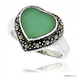 Sterling Silver Oxidized Heart Ring w/ Green Resin, 9/16" (15 mm) wide