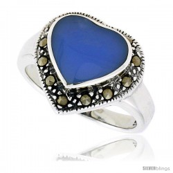 Sterling Silver Oxidized Heart Ring w/ Blue Resin, 9/16" (15 mm) wide