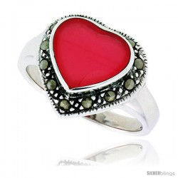 Sterling Silver Oxidized Heart Ring w/ Red Resin, 9/16" (15 mm) wide