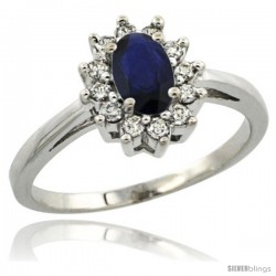 10k White Gold Blue Sapphire Diamond Halo Ring Oval Shape 1.2 Carat 6X4 mm, 1/2 in wide