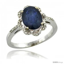 10k White Gold Diamond Halo Blue Sapphire Ring 1.65 Carat Oval Shape 9X7 mm, 7/16 in (11mm) wide