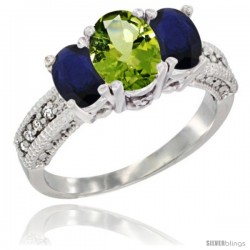 10K White Gold Ladies Oval Natural Peridot 3-Stone Ring with Blue Sapphire Sides Diamond Accent