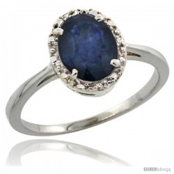 10k White Gold Diamond Halo Blue Sapphire Ring 1.2 ct Oval Stone 8x6 mm, 1/2 in wide