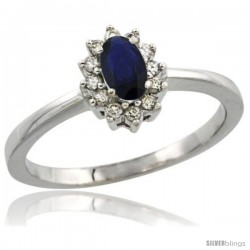 10k White Gold Diamond Halo Blue Sapphire Ring 0.25 ct Oval Stone 5x3 mm, 5/16 in wide