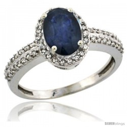 10k White Gold Diamond Halo Blue Sapphire Ring 1.2 ct Oval Stone 8x6 mm, 3/8 in wide