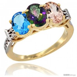 10K Yellow Gold Natural Swiss Blue Topaz, Mystic Topaz & Morganite Ring 3-Stone Oval 7x5 mm Diamond Accent