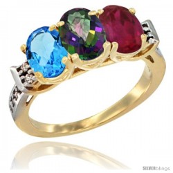 10K Yellow Gold Natural Swiss Blue Topaz, Mystic Topaz & Ruby Ring 3-Stone Oval 7x5 mm Diamond Accent