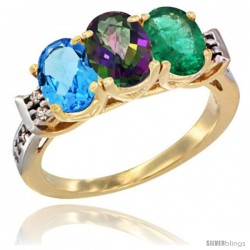 10K Yellow Gold Natural Swiss Blue Topaz, Mystic Topaz & Emerald Ring 3-Stone Oval 7x5 mm Diamond Accent