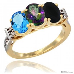 10K Yellow Gold Natural Swiss Blue Topaz, Mystic Topaz & Black Onyx Ring 3-Stone Oval 7x5 mm Diamond Accent