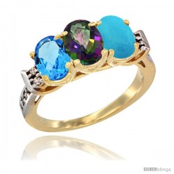 10K Yellow Gold Natural Swiss Blue Topaz, Mystic Topaz & Turquoise Ring 3-Stone Oval 7x5 mm Diamond Accent