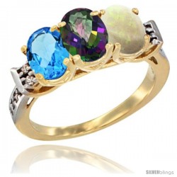 10K Yellow Gold Natural Swiss Blue Topaz, Mystic Topaz & Opal Ring 3-Stone Oval 7x5 mm Diamond Accent