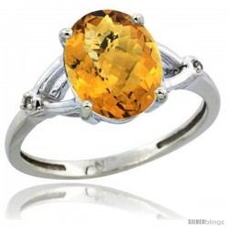 Sterling Silver Diamond Natural whisky Quartz Ring 2.4 ct Oval Stone 10x8 mm, 3/8 in wide