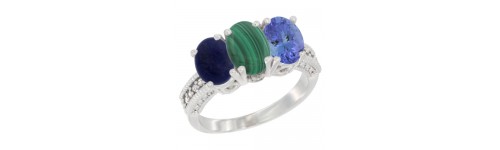 10k White Gold 3-Stone Malachite Rings