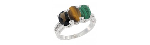 10k White Gold 3-Stone Tiger Eye Rings