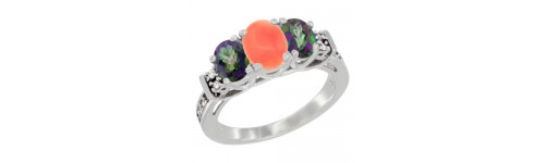 14k White Gold 3-Stone Coral Rings 14k White Gold 3-Stone Coral Rings