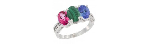 14k White Gold 3-Stone Malachite Rings