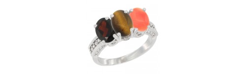 14k White Gold 3-Stone Tiger Eye Rings